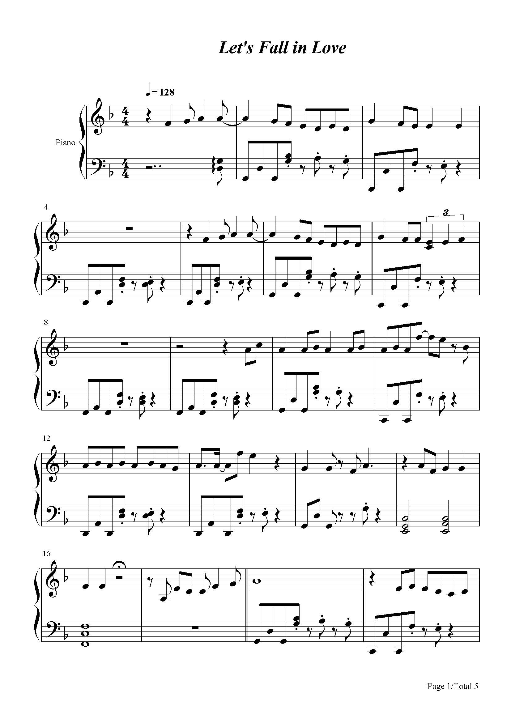in love钢琴谱,in love钢琴简谱完整版 letsfallinloveforthenightfinneasf调流行钢琴五线谱