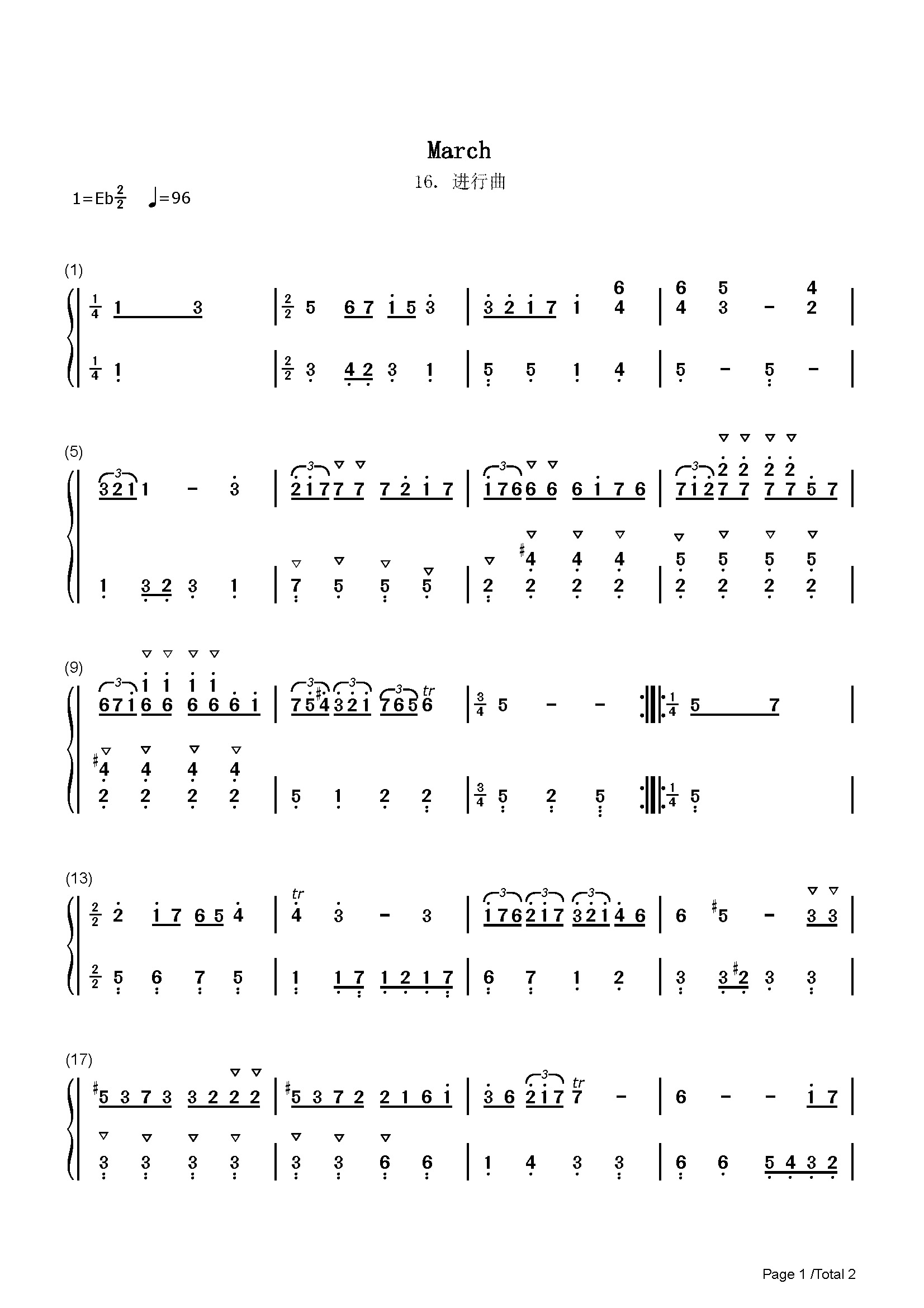 进行曲-16-巴赫-降e调 -古典钢琴简谱