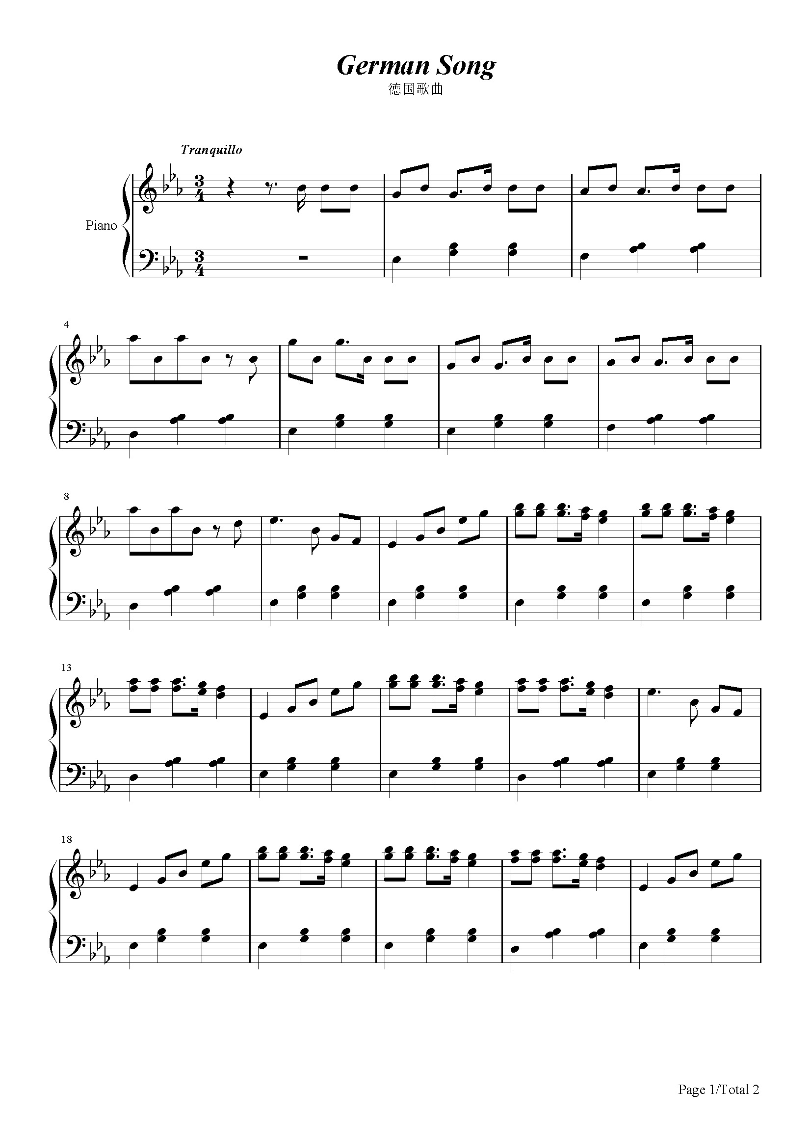 德国歌曲-柴可夫斯基-降e调 -古典钢琴五线谱