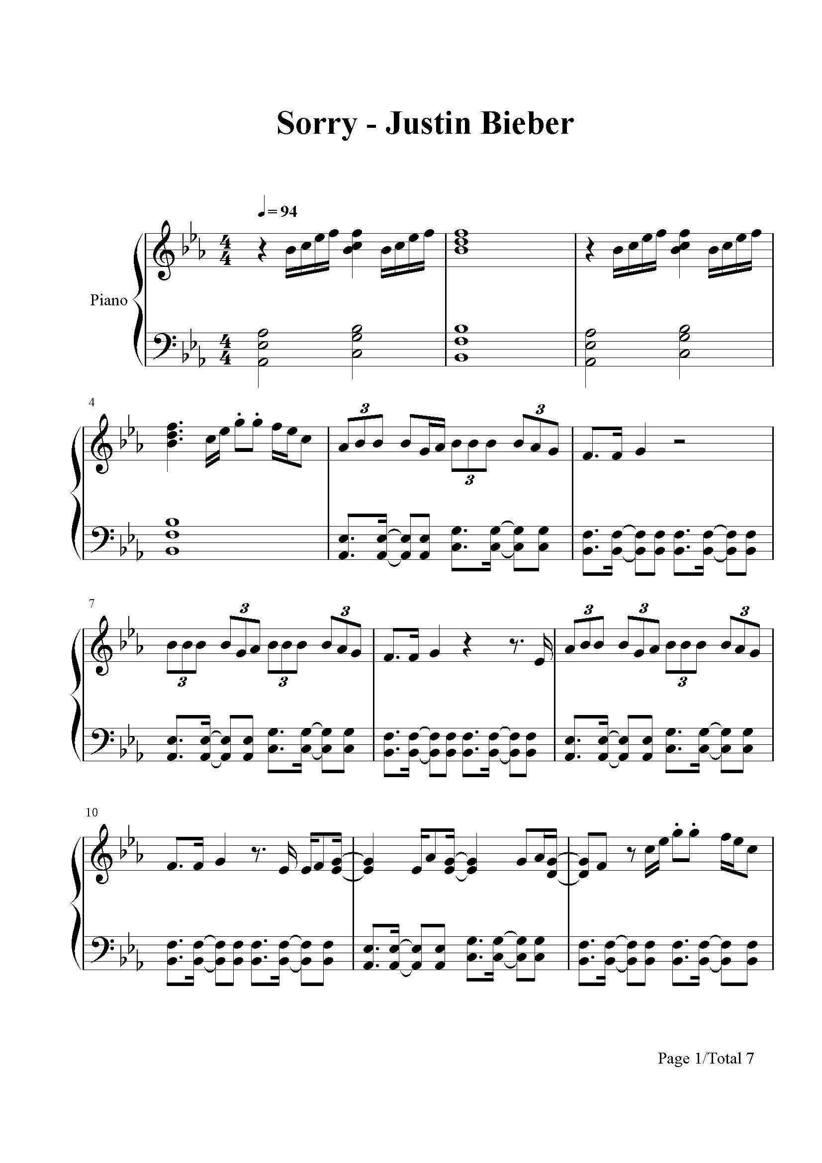 sorry-justin bieber-降e调 -流行钢琴五线谱