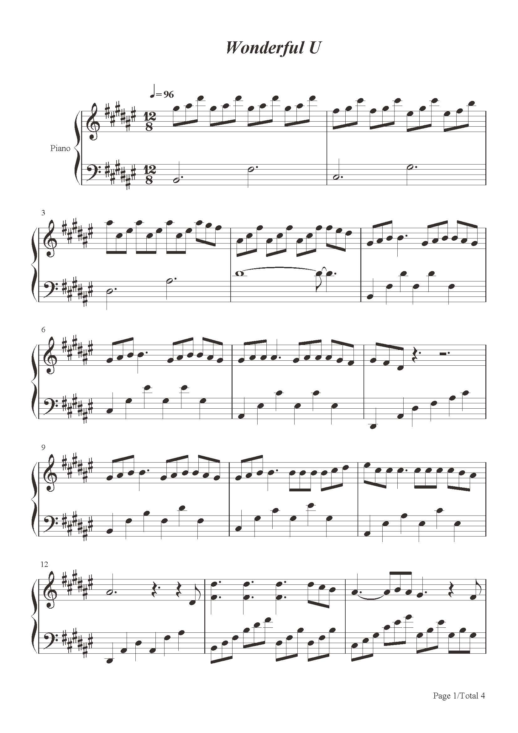 wonderful u-简单版-aga-升f调 -流行钢琴五线谱