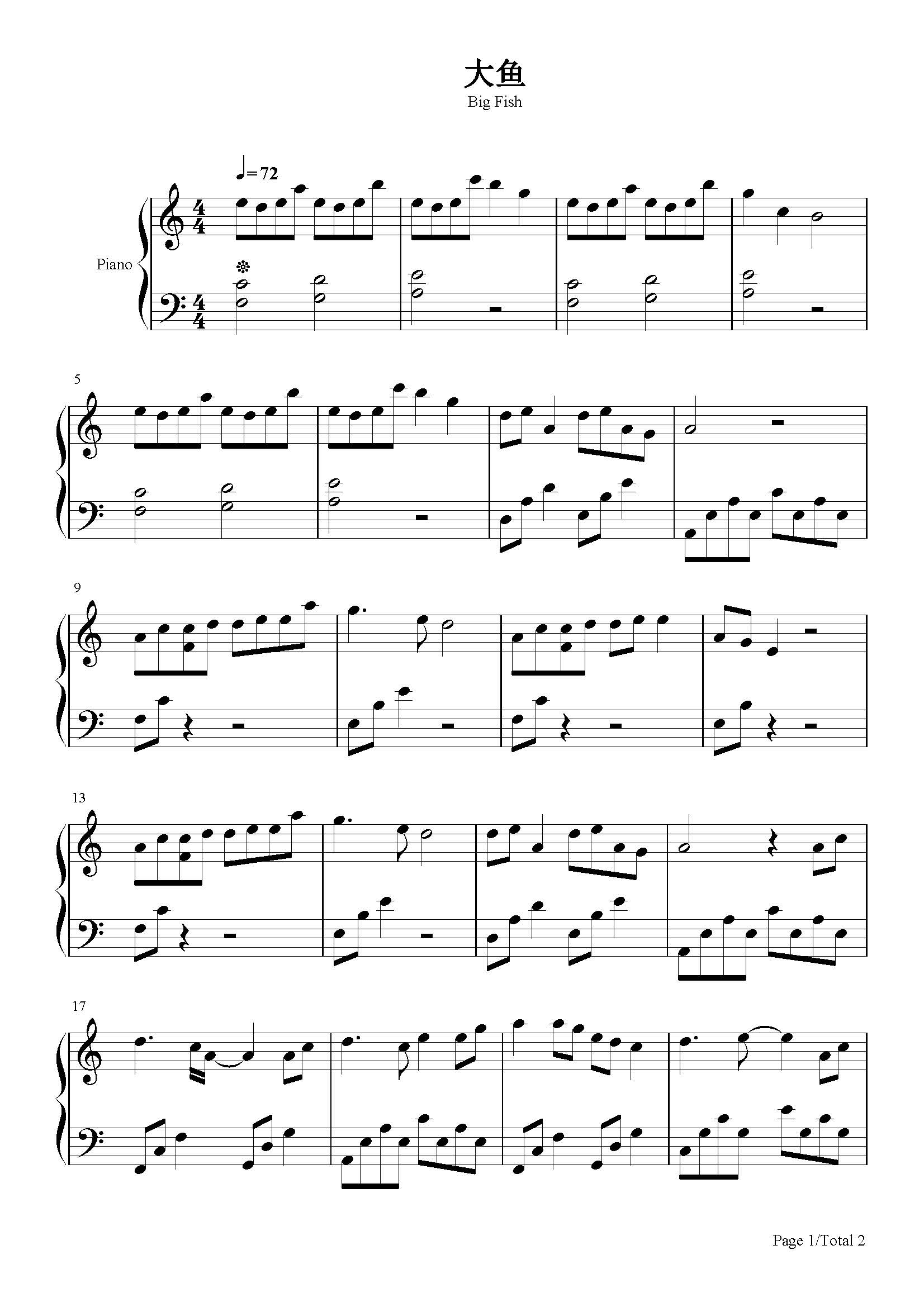 大鱼-c调简单版-周深-c调 -流行钢琴五线谱