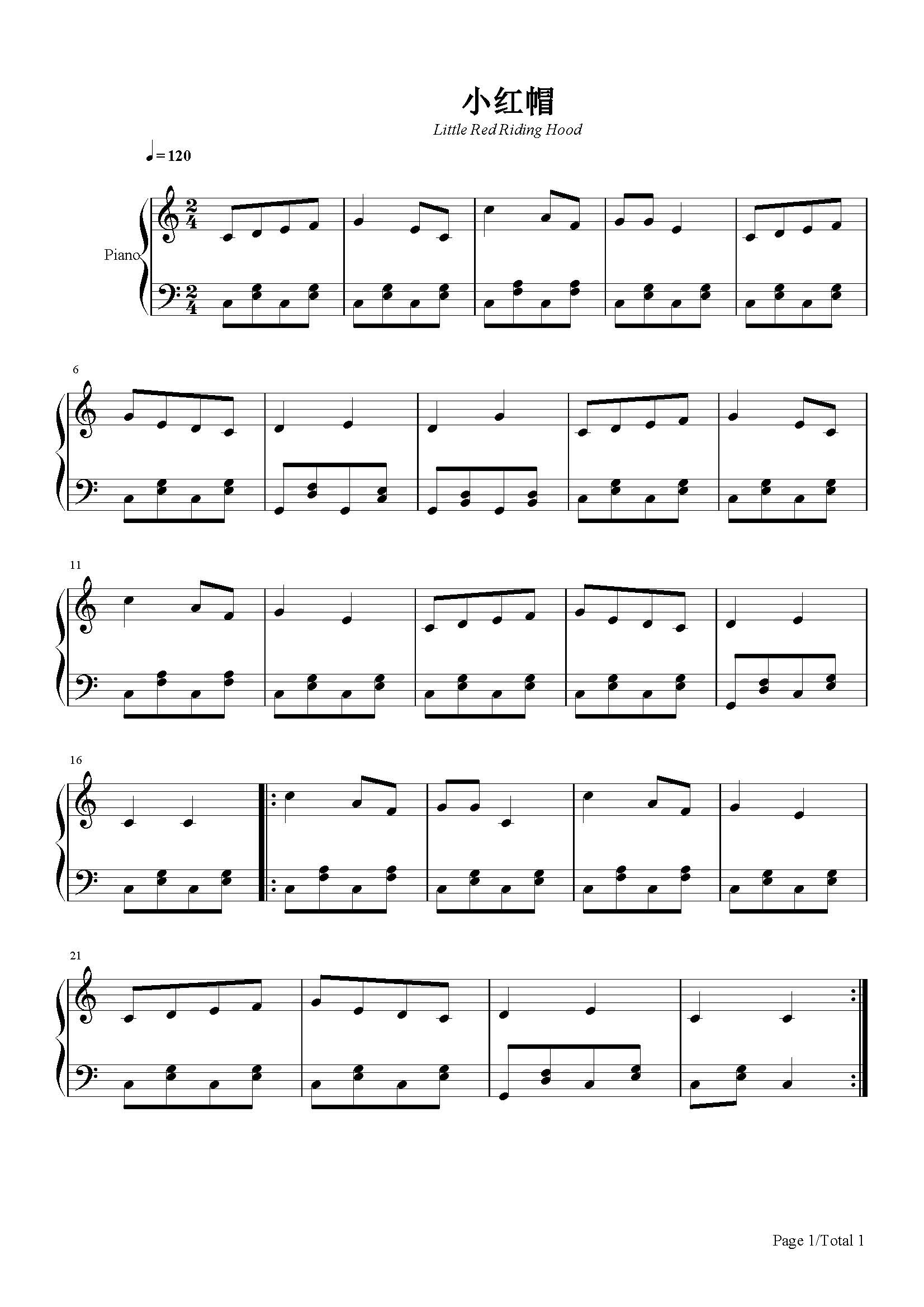 小红帽-儿歌-c调-流行钢琴五线谱