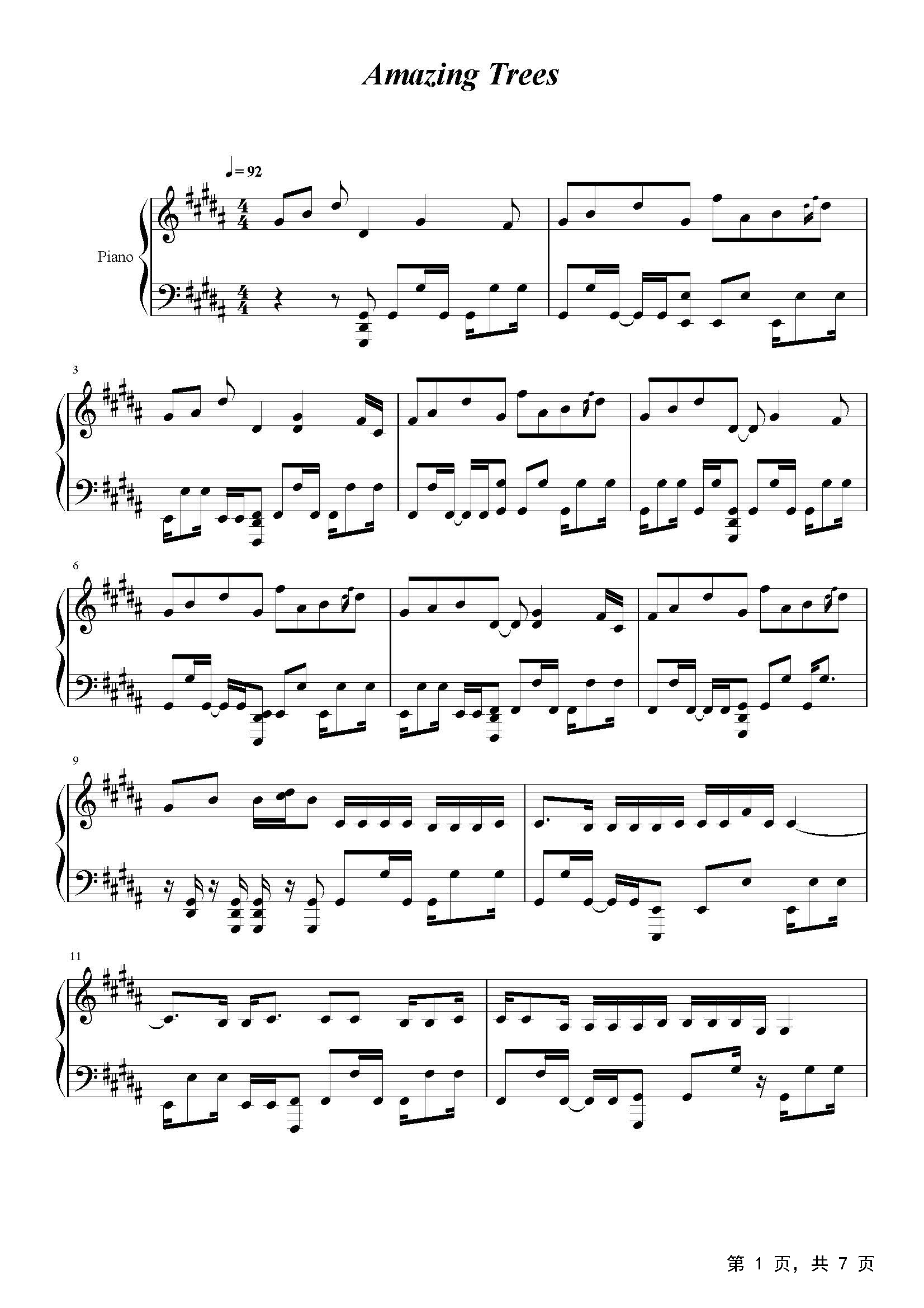 Amazing Trees钢琴谱_泽野弘之_B调_流行钢琴谱五线谱独奏谱_钢琴谱钢琴五线谱钢琴简谱钢琴弹唱谱钢琴声乐正谱钢琴视频教程