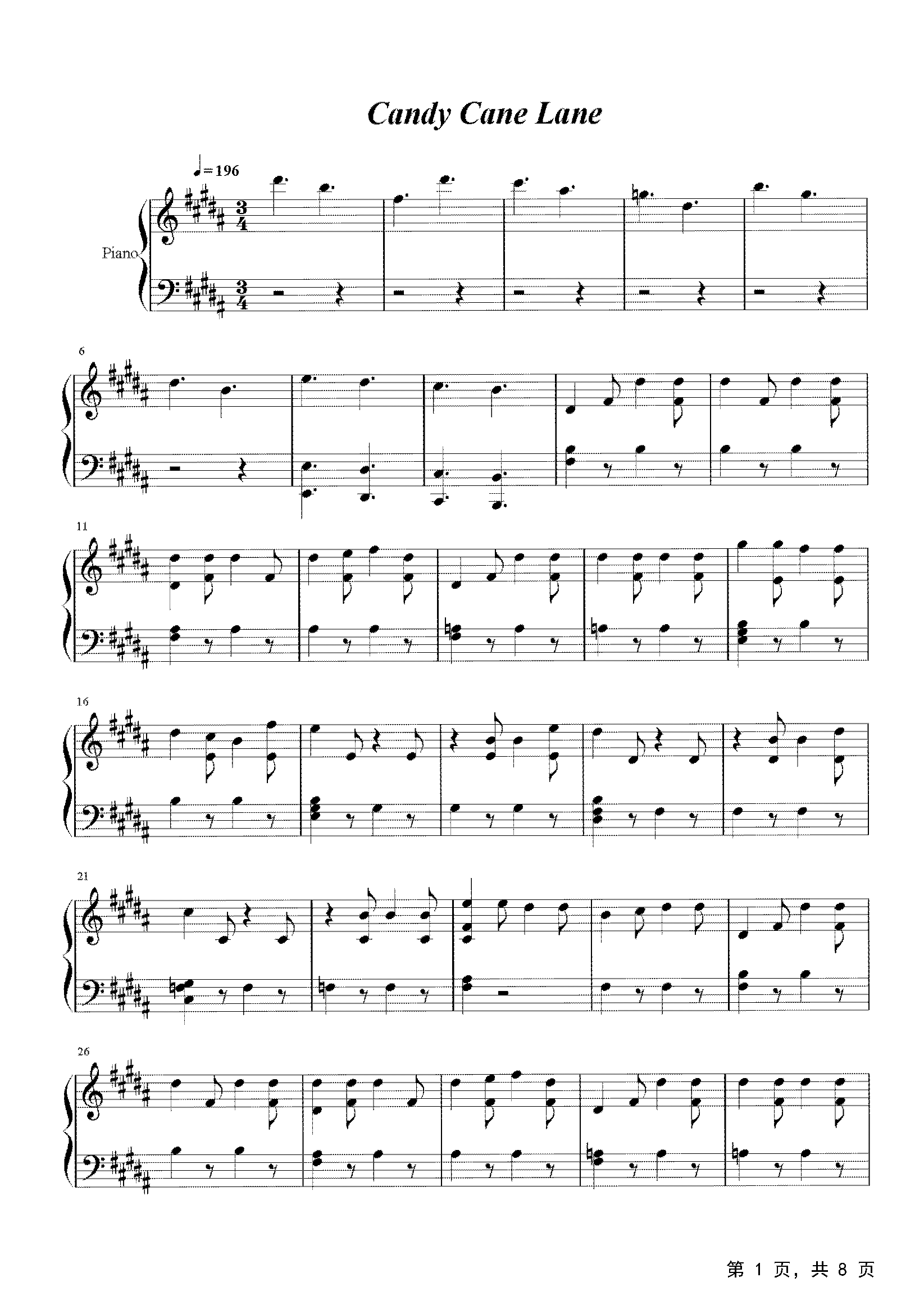 Candy Cane Lane钢琴谱_Sia_B调_流行钢琴谱五线谱独奏谱_钢琴谱钢琴五线谱钢琴简谱钢琴弹唱谱钢琴声乐正谱钢琴视频