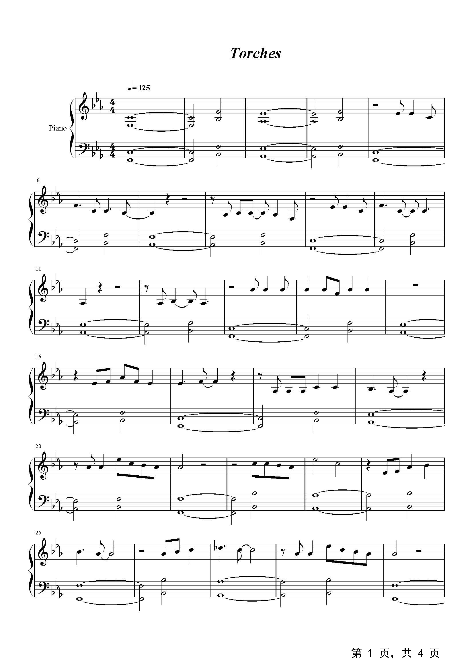 Torches钢琴谱_张杰 X Ambassadors_降E调_流行钢琴谱五线谱独奏谱_钢琴谱钢琴五线谱钢琴简谱钢琴弹唱谱钢琴声乐正谱钢琴视频教程—牛牛钢琴