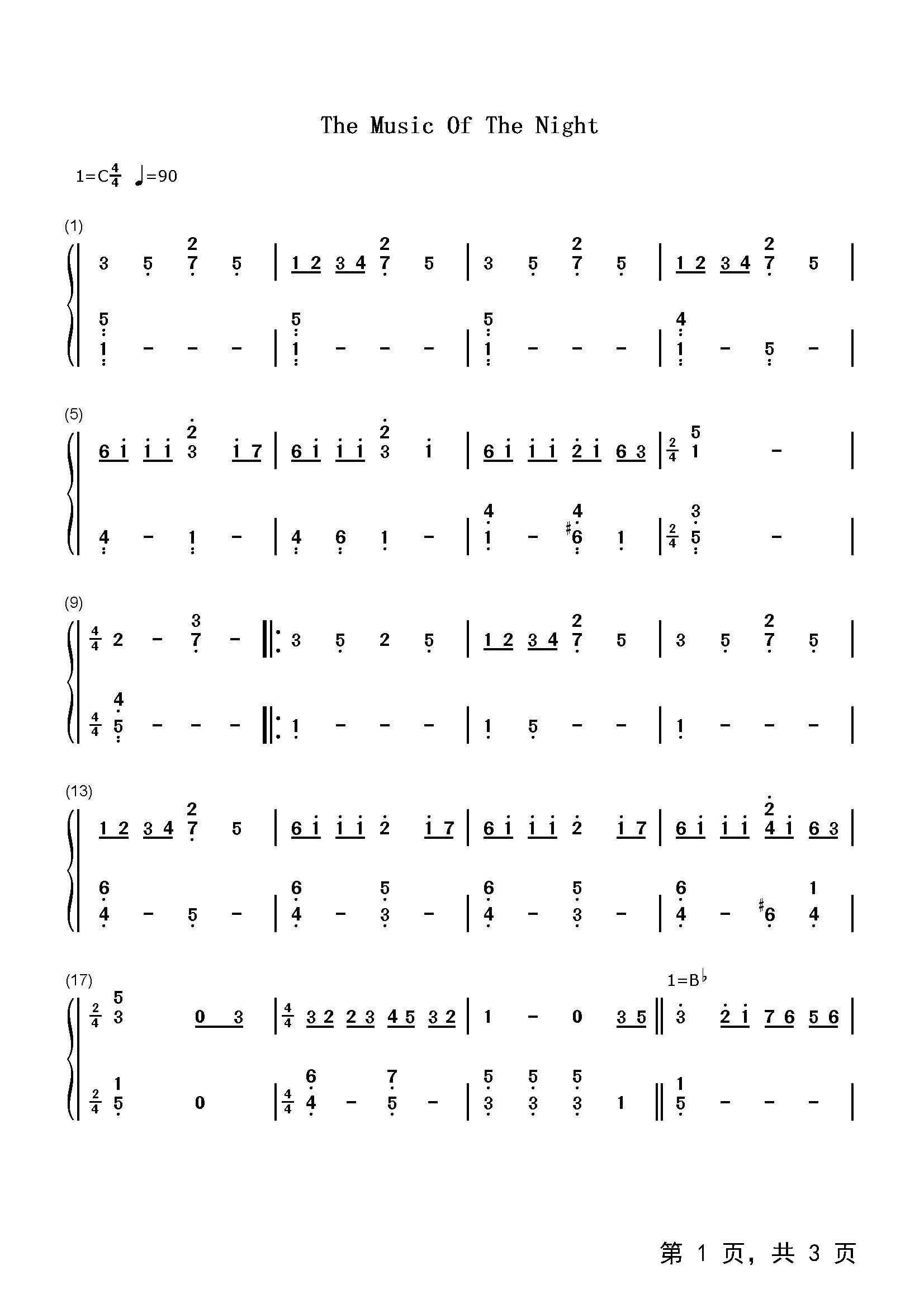 He Music Of The Night钢琴谱 Andrew Lloyd Webber C调 流行钢琴双手简谱 钢琴谱 钢琴五线谱 钢琴简谱